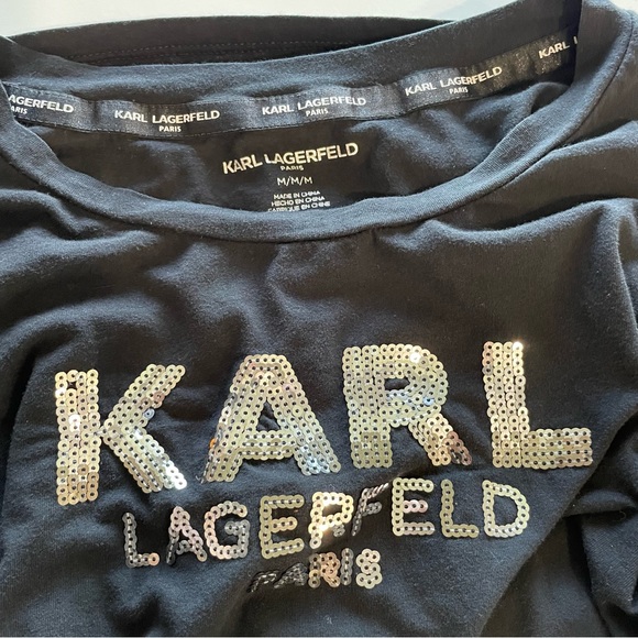 Karl Lagerfeld Women’s Metallic Sequins Logo Puffed Short Sleeve Shirt Size M - Picture 5 of 9